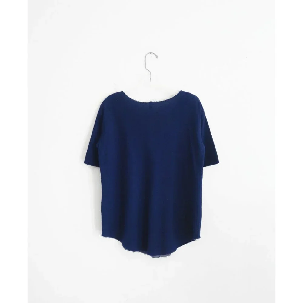 Raquel Allegra Indigo Blue Silk Hem Short Sleeve Tee Shirt size 3 US Large - Picture 2 of 4